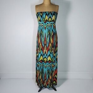 Nicole Miller Size S Dress Strapless Smocked Elastic Boho Maxi Long Color Ikat